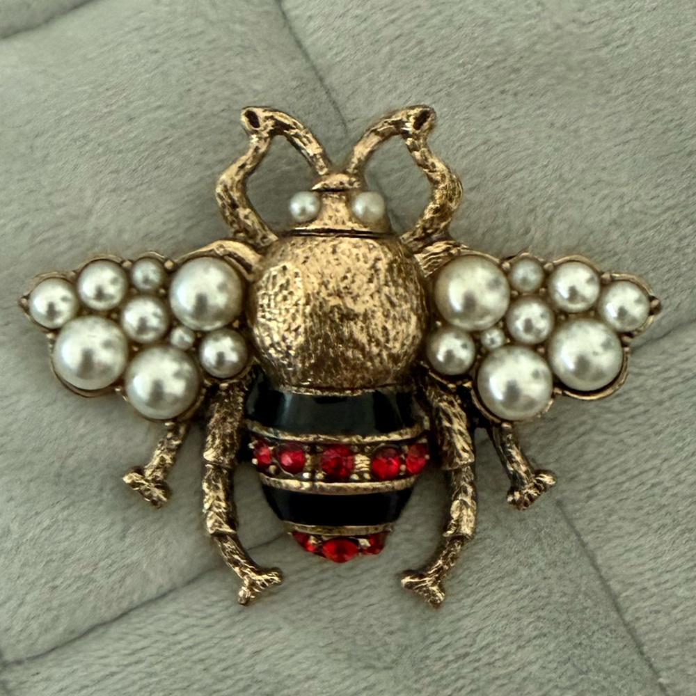 Gold Tone Bee Brooch with Pearls and Red Accents